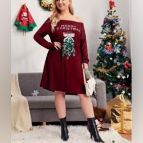 SHEIN Plus Off Shoulder Christmas Print Tee Dress sz 2X - Picture 1 of 10